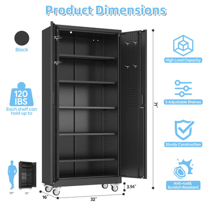 Gaeanet Rolling Tool Storage Cabinet with 5 Adjustable Shelves and Pegboard,Metal Garage Storage Cabinet with Wheels for Garage Home Office Utility Room,71" H32" W16" D,Required Assembly, Black