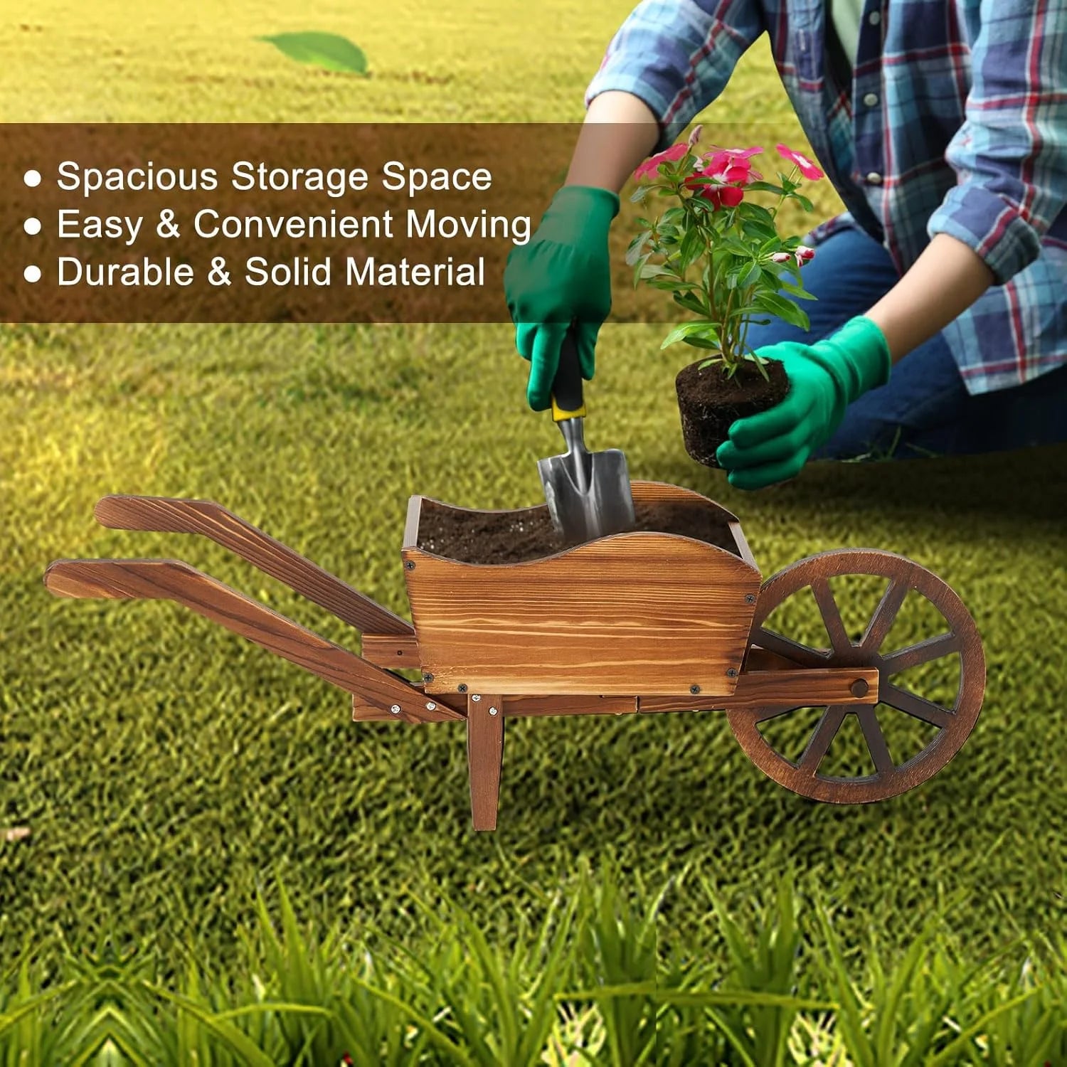 Wooden Wagon Planter Box, Garden Planter with Wagon Wheels, Flower Cart for Patio Garden Balcony, Decorative Patio Flowers Herbs Vegetables for Indoor Outdoor Decor, Brown(Rustic)