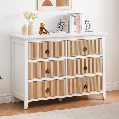 Homhougo White Dresser for Bedroom 6 Drawer, Wood Organizer Storage Cabinet with Gray Strip Drawer Door, Chest of Drawers for Closet, Living Room, Hallway, Nursery, Kids Bedroom