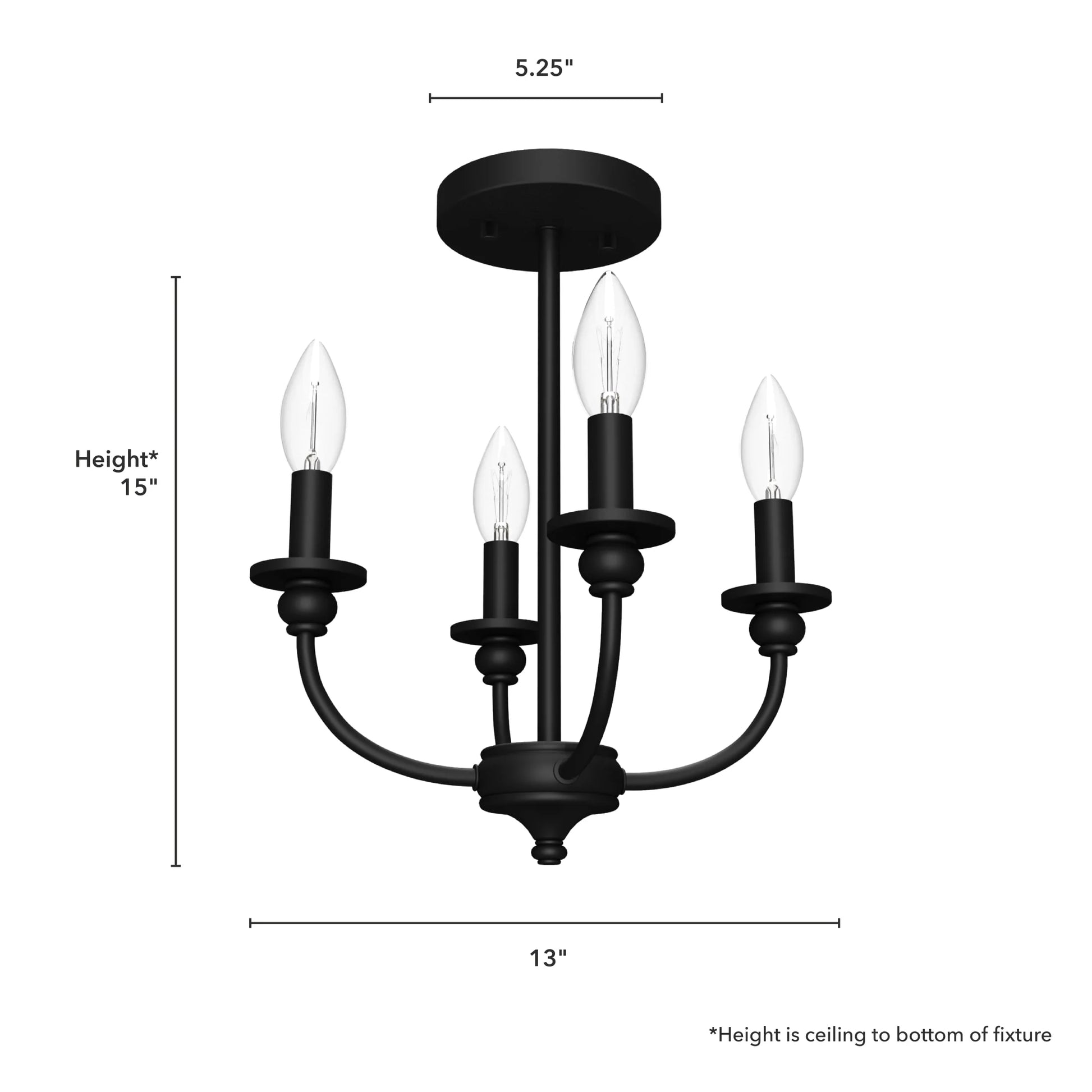 Hunter - Southcrest 4-light Matte Black, Medium Size Flush Mount Light, Dimmable, Traditional Style, Candle Shaped, for Bedrooms, Dining, Living Rooms - 19642
