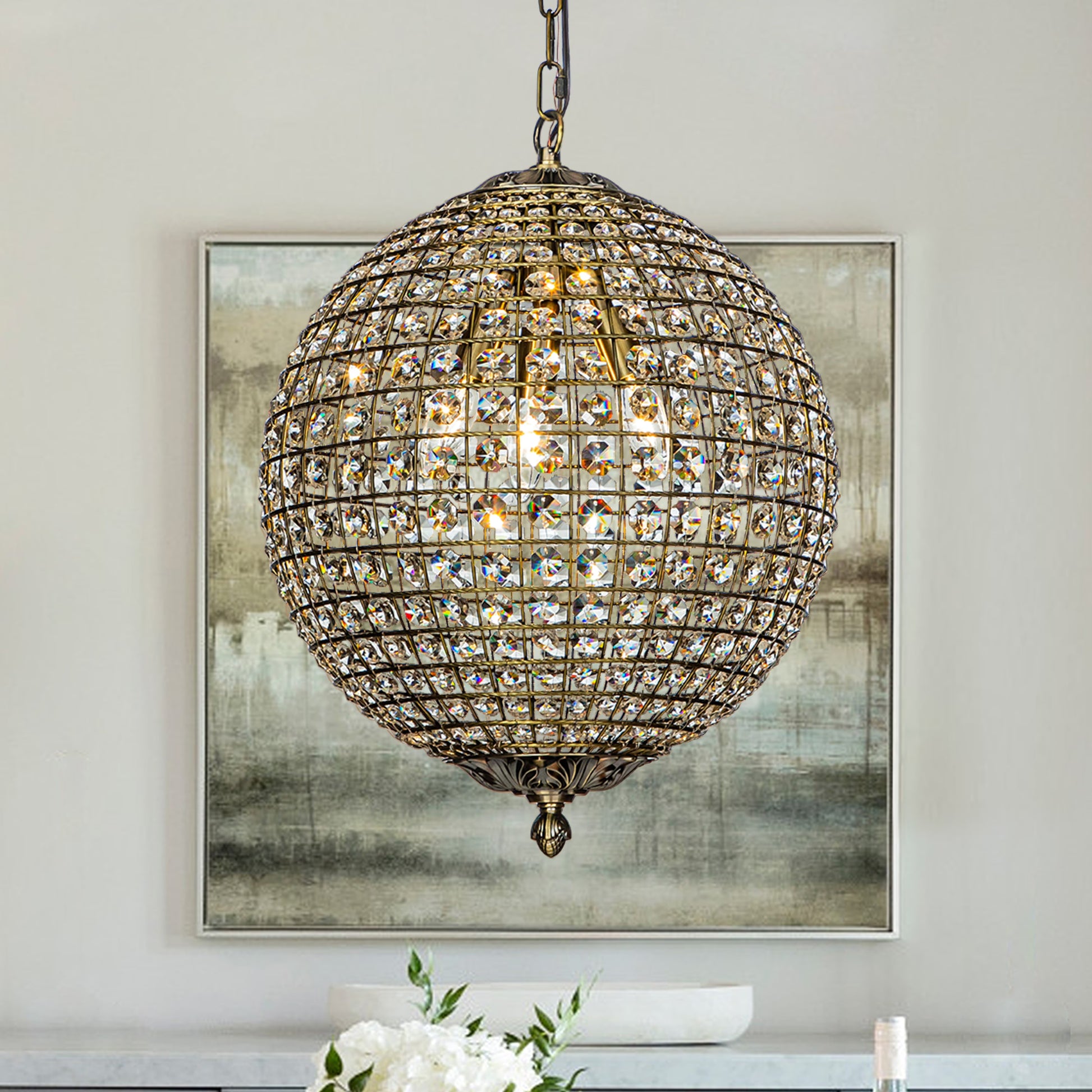 1-Light 12" Retro Antique Gold Crystal Globe Chandelier Small Sphere Pendant Light
