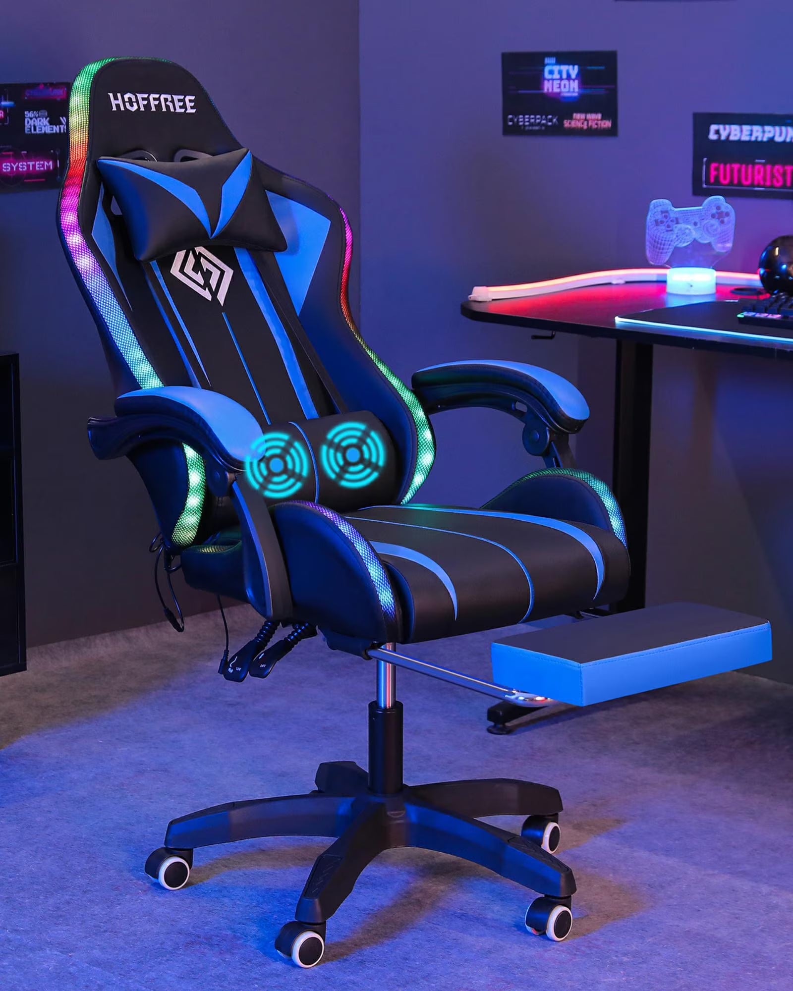 Hoffree Gaming Chair with Massage PU Leather Office Chair with Footrest and LED Light Ergonomic Gamer Chair Lumbar Support Adjustable Headrest High Back Computer Desk Chair for Home Office