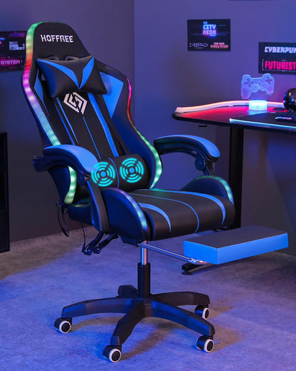 Hoffree Gaming Chair with Massage PU Leather Office Chair with Footrest and LED Light Ergonomic Gamer Chair Lumbar Support Adjustable Headrest High Back Computer Desk Chair for Home Office