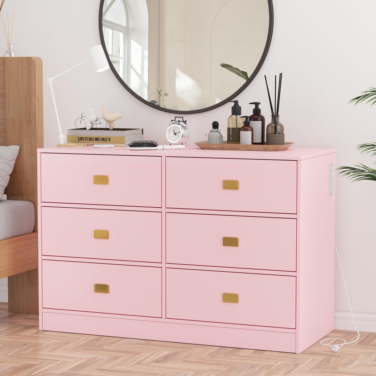 NEILA Changing Table Dresser with 6 Drawers and Power Outlets - Nursery Storage Organizer with Removable Changing Pad