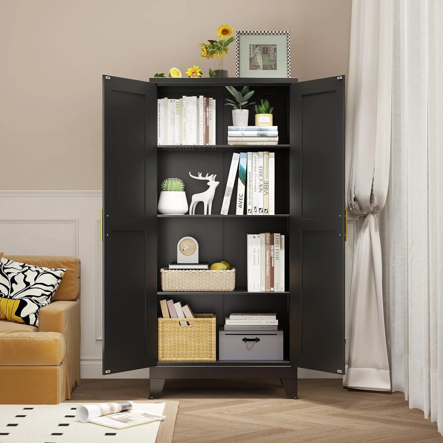 DYUKFG Metal Storage Cabinet - 61" Tall Steel File Cabinets with 2 Doors and 3 Adjustable Shelves Versatile Storage Pantry Cabinet for Home Office Warehouse Garage or Outdoor (Black)