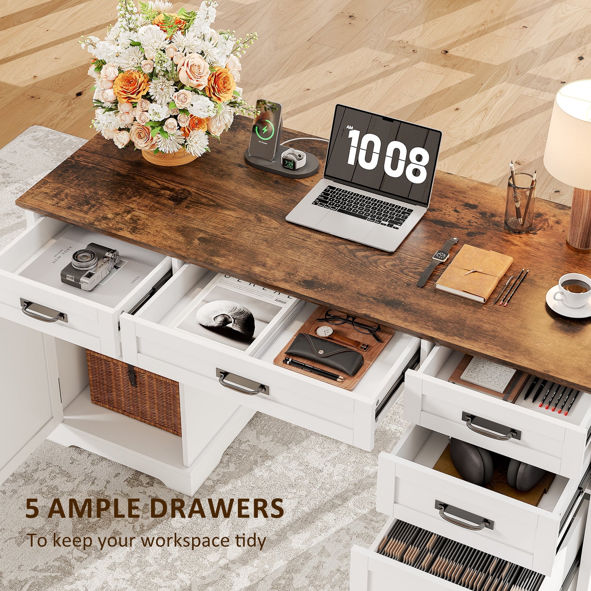 Whalefall 55 in Farmhouse Executive Desk with File Drawer for Adult Home Office, White