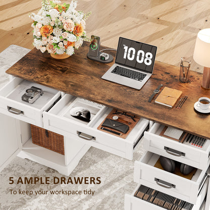 Whalefall 55 in Farmhouse Executive Desk with File Drawer for Adult Home Office, White