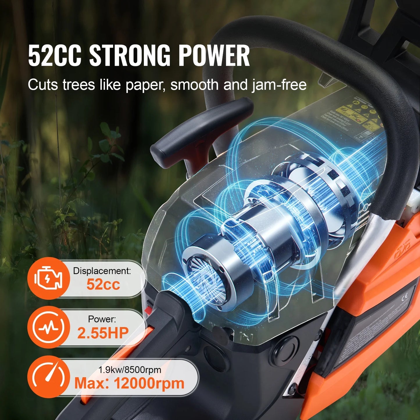 KFFKFF Gas Chainsaw, 52CC, 18-inch Blade, 2.55HP, Fuel-Operated, Portable Handheld Chainsaw for Cutting Trees, Branches, Trimming, and Clearing Land in Gardens, Farms, and Forests