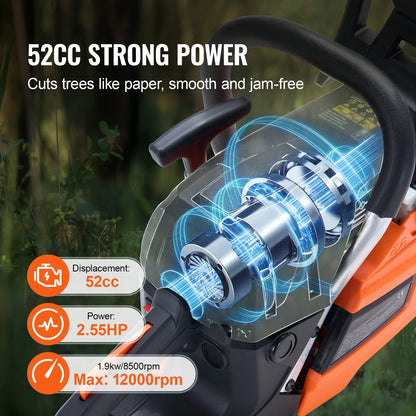 KFFKFF Gas Chainsaw, 52CC, 18-inch Blade, 2.55HP, Fuel-Operated, Portable Handheld Chainsaw for Cutting Trees, Branches, Trimming, and Clearing Land in Gardens, Farms, and Forests