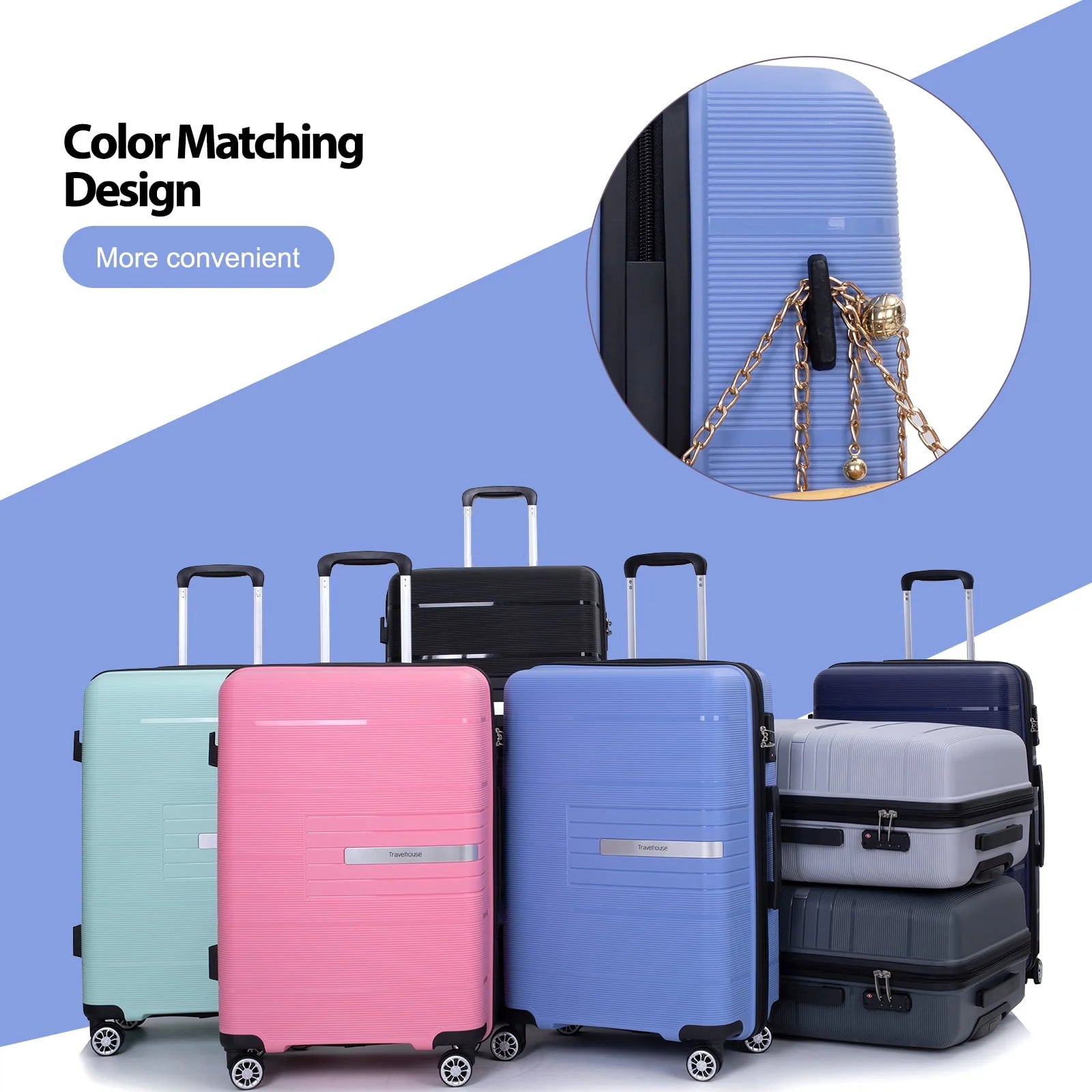Tripcomp 3 Piece Luggage Sets, Hard shell Carry On Luggage, PP case with Two Hooks, Spinner Wheels, TSA Lock, Airline Approved, Lightweight Durable Suitcase, 0°?4°?8”)(Purplish Blue)