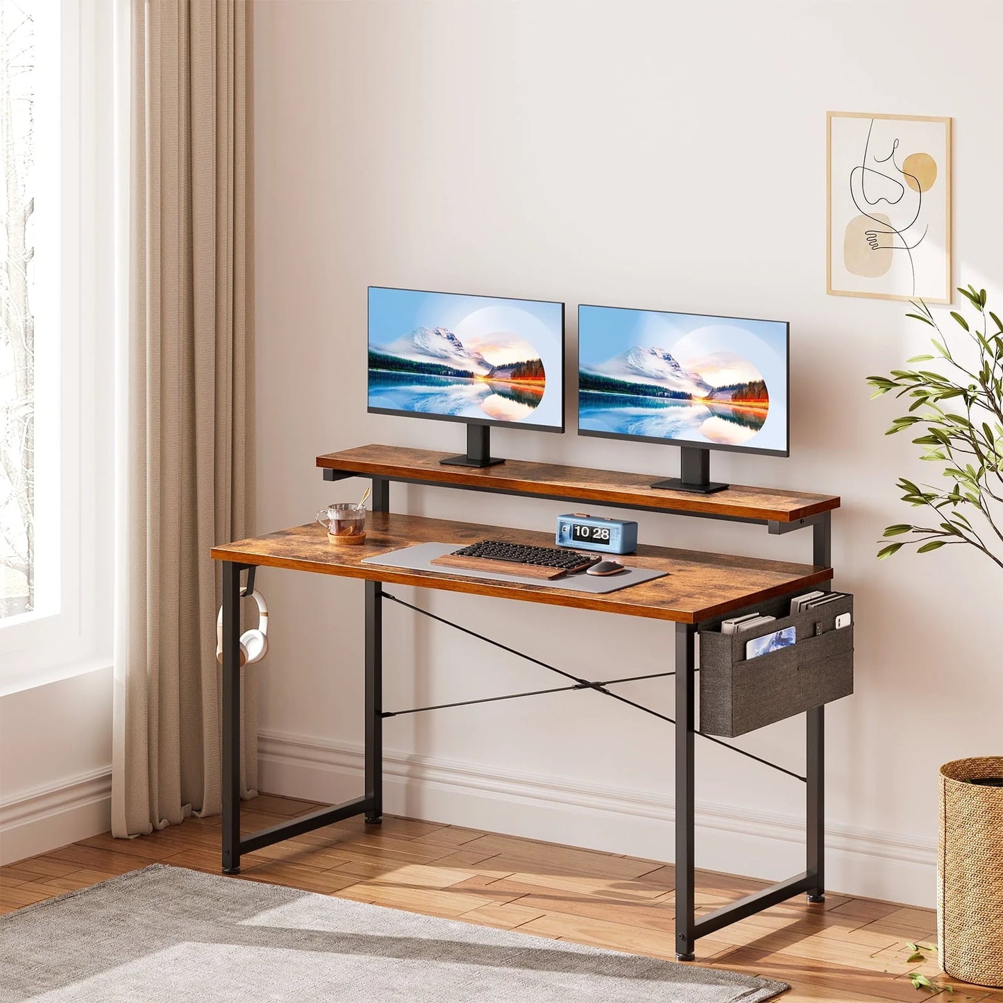 Computer Desk with Adjustable Monitor Stand(3.9”, 5.1”, 6.3”), 48 inch Home Office Desk with Storage Bag, Simple Modern Style Laptop Desk for Small Space, Vintage