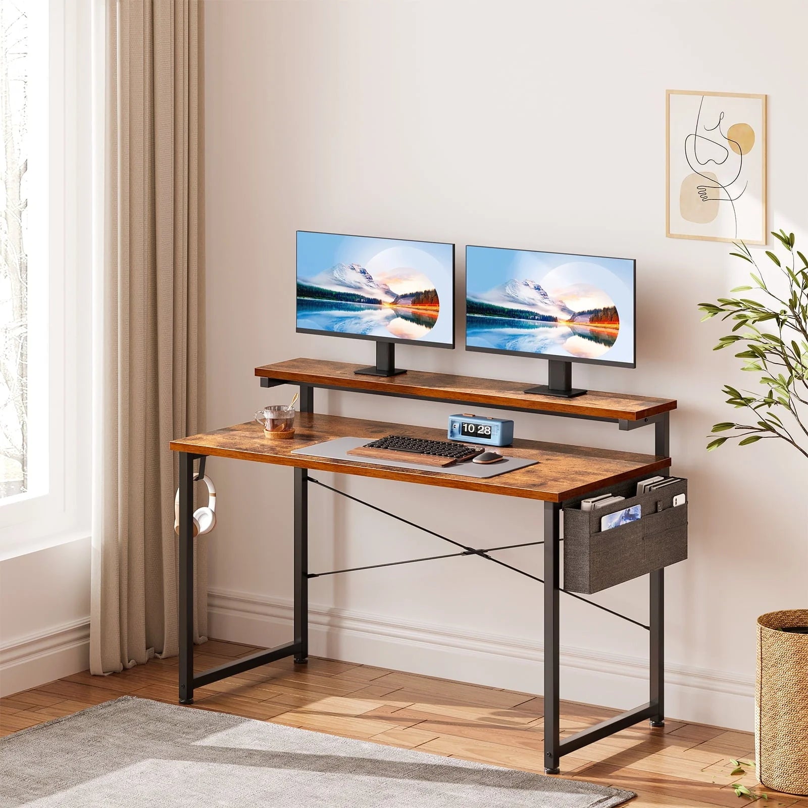 Computer Desk with Adjustable Monitor Stand(3.9”, 5.1”, 6.3”), 48 inch Home Office Desk with Storage Bag, Simple Modern Style Laptop Desk for Small Space, Vintage
