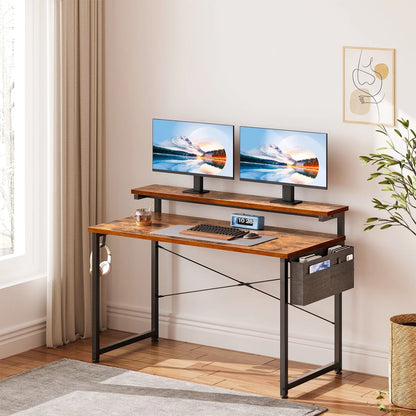 Computer Desk with Adjustable Monitor Stand(3.9”, 5.1”, 6.3”), 48 inch Home Office Desk with Storage Bag, Simple Modern Style Laptop Desk for Small Space, Vintage