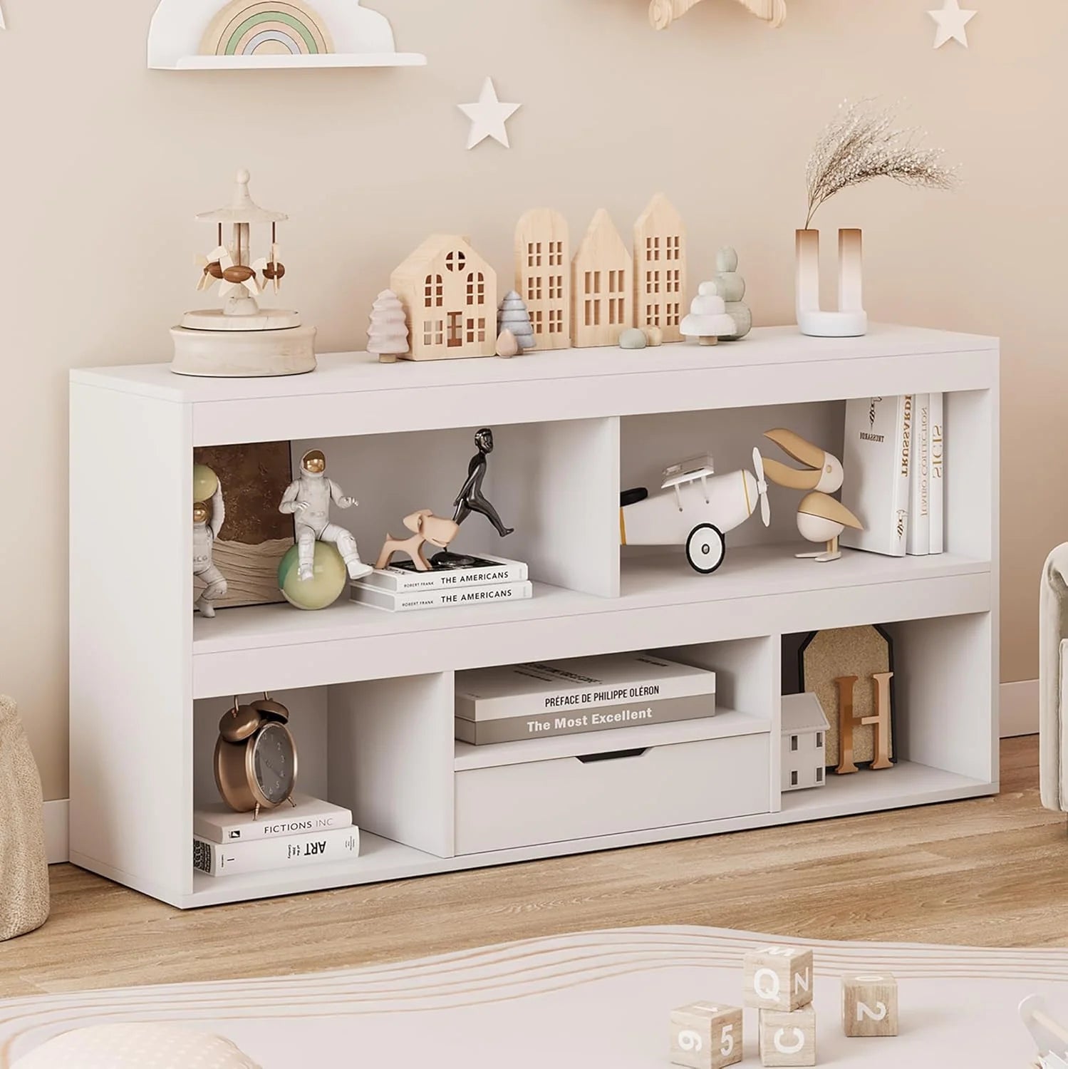 Kids Bookshelf with Drawer Nursery Bookcase Wooden Toy Storage Organizer Playhouse Storage Shelves White Book Shelf for Playroom, Classroom, Nursery, Kids Room