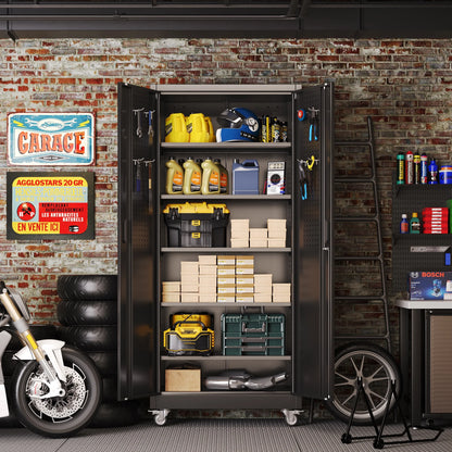 Gaeanet Rolling Tool Storage Cabinet with 5 Adjustable Shelves and Pegboard,Metal Garage Storage Cabinet with Wheels for Garage Home Office Utility Room,71" H32" W16" D,Required Assembly, Black