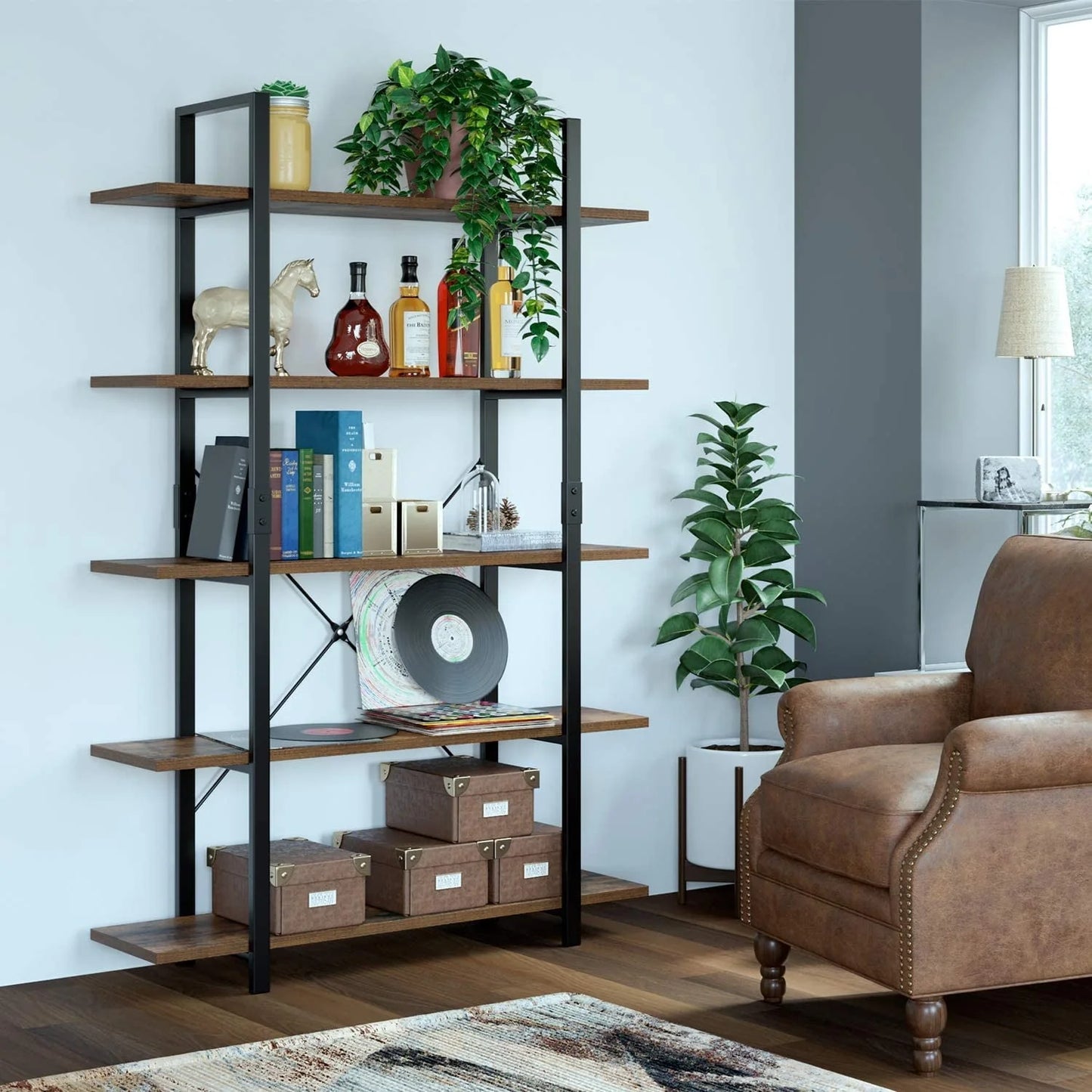 Homfa Industrial 5 Tier Storage Bookshelf , Wood Bookcase Shelf Unit with Metal Frame for Home Office Living Room, Rustic Brown