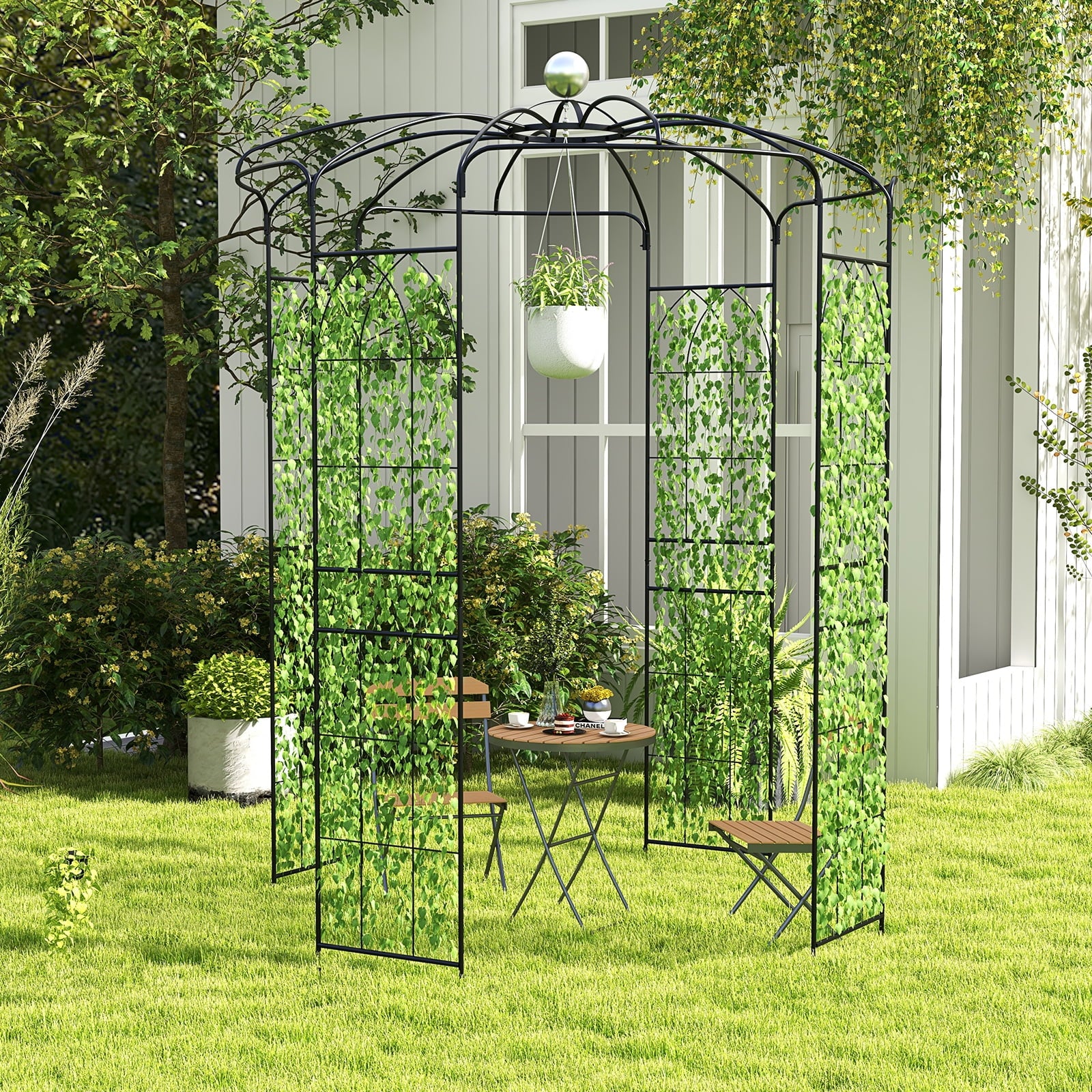 Topbuy Birdcage Shape Garden Arch 9.4 x 6.8FT Heavy Duty Arch Trellis with Hanging Hook for Climbing Plants