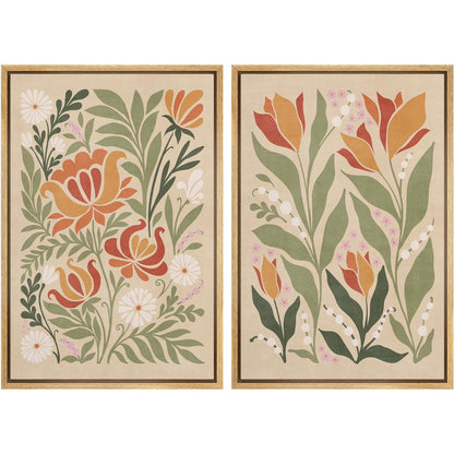 IDEA4WALL Framed Canvas Print Wall Art Set Vintage Floral Classic Botanical Illustration Abstract Garden Flowers Boho Art Modern Wall Decor Colorful Chic Artwork for Home Decor - Natural 24"x36"x2