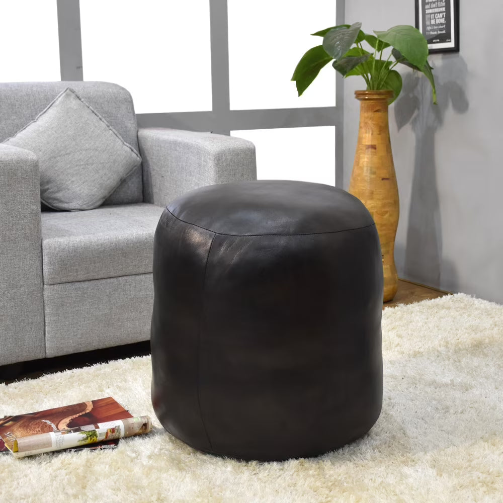 BBH Homes Handmade Solid Black 14x14x14 Inch Goat Leather Pouf For Living Room, Indoor WABBBACPF12SC
