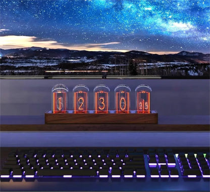 Retro Nixie Tube Clock with Wi-Fi Sync, Alarm & Timer, 12/24H Display, No Assembly Required - Wooden Design