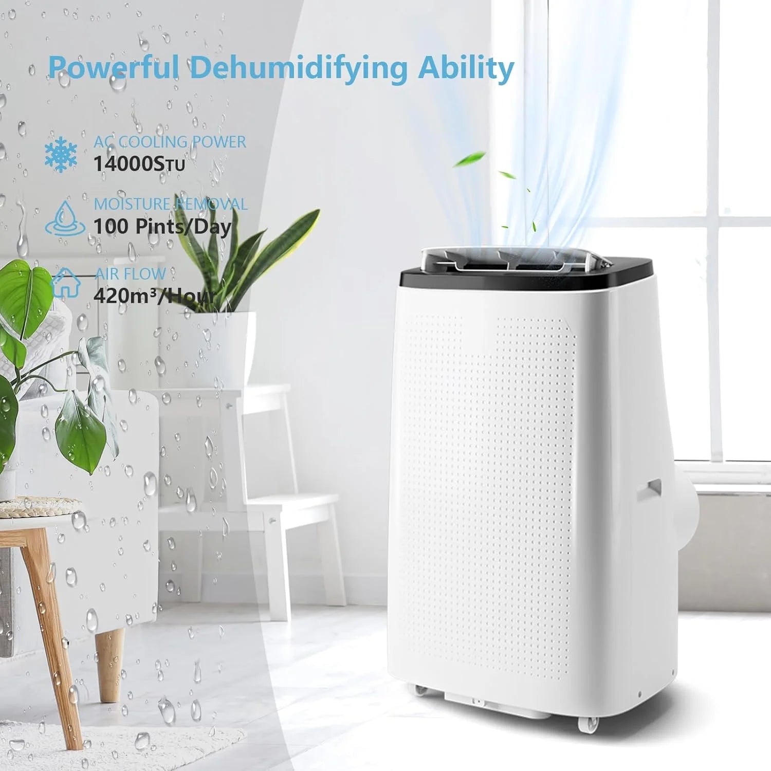 Portable Air Conditioner 14000 BTU (ASHRAE)/9300 BTU (DOE) with Dehumidifier, Fan, Remote Control - Quiet Floor AC Unit for Rooms up to 700sq ft - 3-Speed Wind & Night Light for Bedroom, Home Office