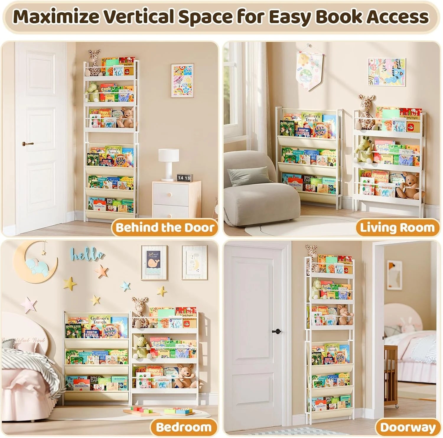 Kids Bookshelf - Wall Mounted 6-Tier Book Shelf for Kids Rooms, Behind The Door Bookshelf for Kids/Baby/Toddler, Corner Wall Book Shelf for Bedroom/Nursery, Kids Organizer for Toys and Books