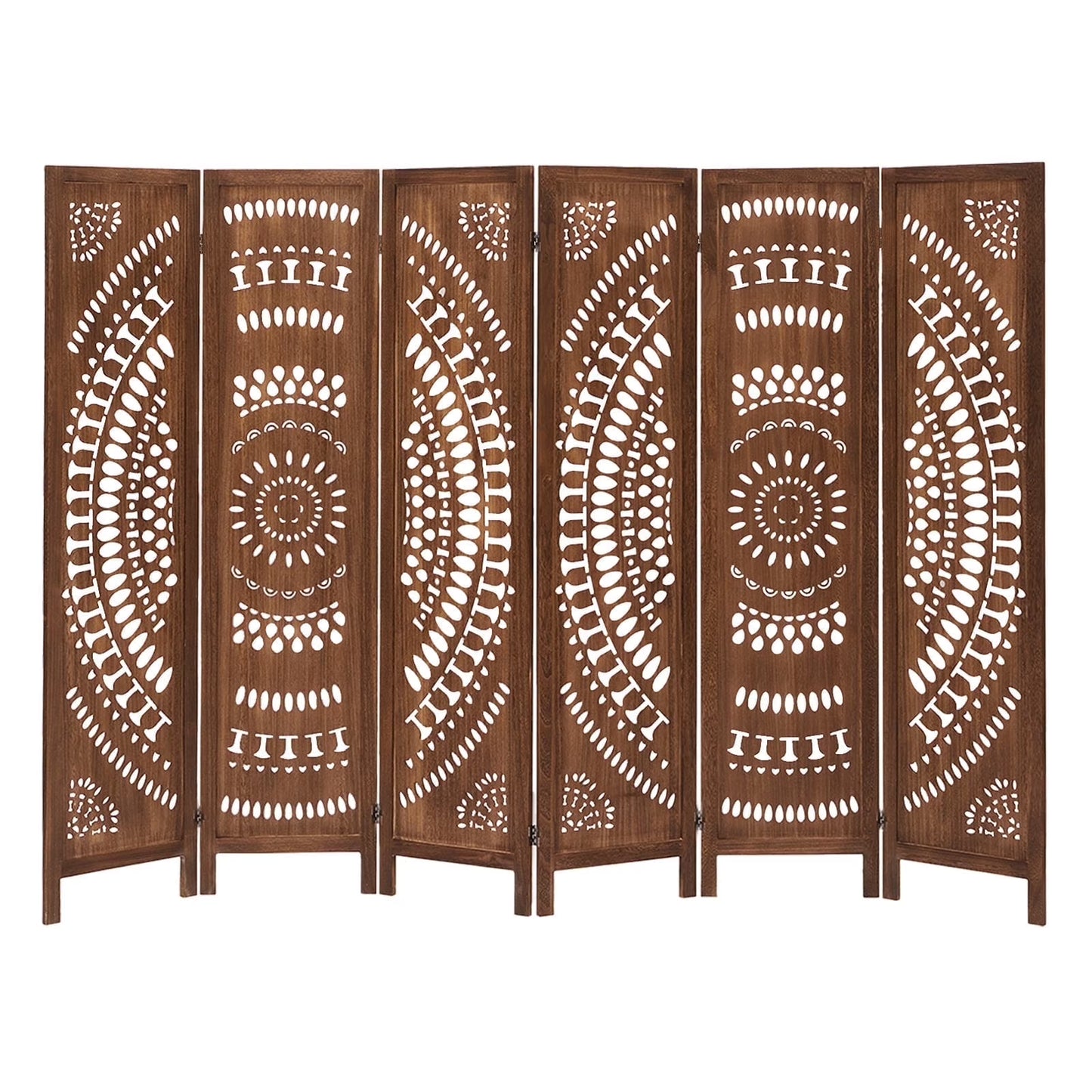 Aletheiawu 6 Panel Wood Carved Room Dividers, Folding Screens, No Installation Required, Light Brown