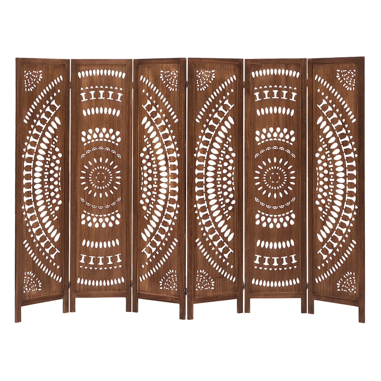 Aletheiawu 6 Panel Wood Carved Room Dividers, Folding Screens, No Installation Required, Light Brown
