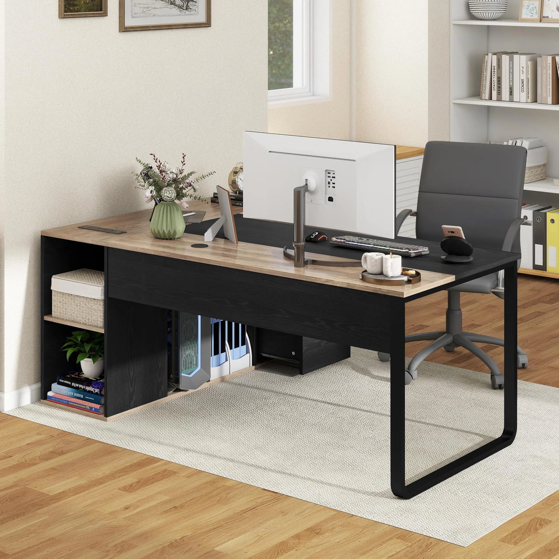 Uforic 71" L-Shaped Desk File Cabinet, Computer Desk with Power Outlets, Executive Desk for Home Office