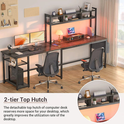 Homieasy L Shaped Desk with Power Outlet & USB Ports, 86.6'' Reversible L-Shaped Gaming Desk with Monitor Stand & LED Strip, 2 Person Corner Computer Desk with Hutch for Home Office, Grey Oak