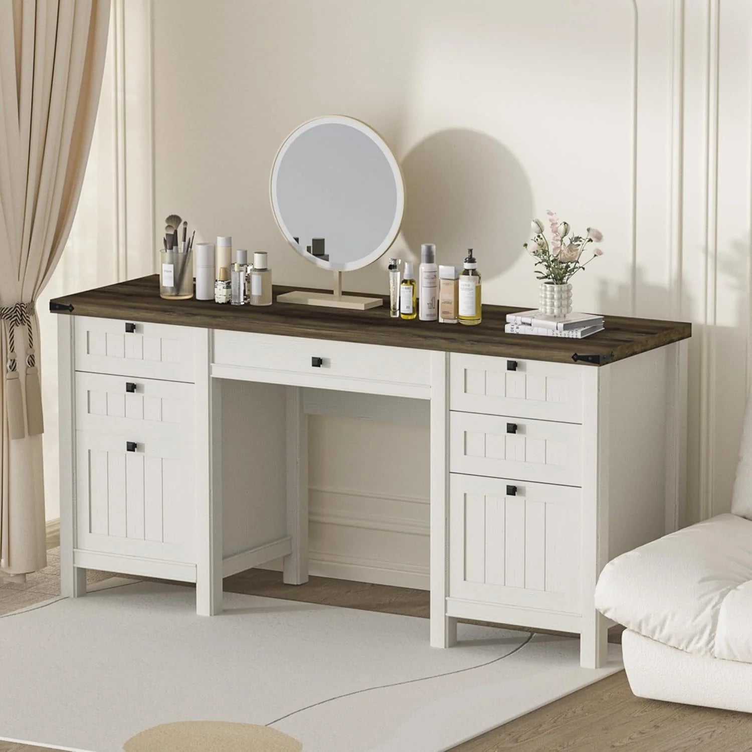 FIAKOA 45"Executive Desk, Modern Farmhouse Computer Desk with Drawers & Cabinet, White Home Office Desk Writing Workspace for Work Study