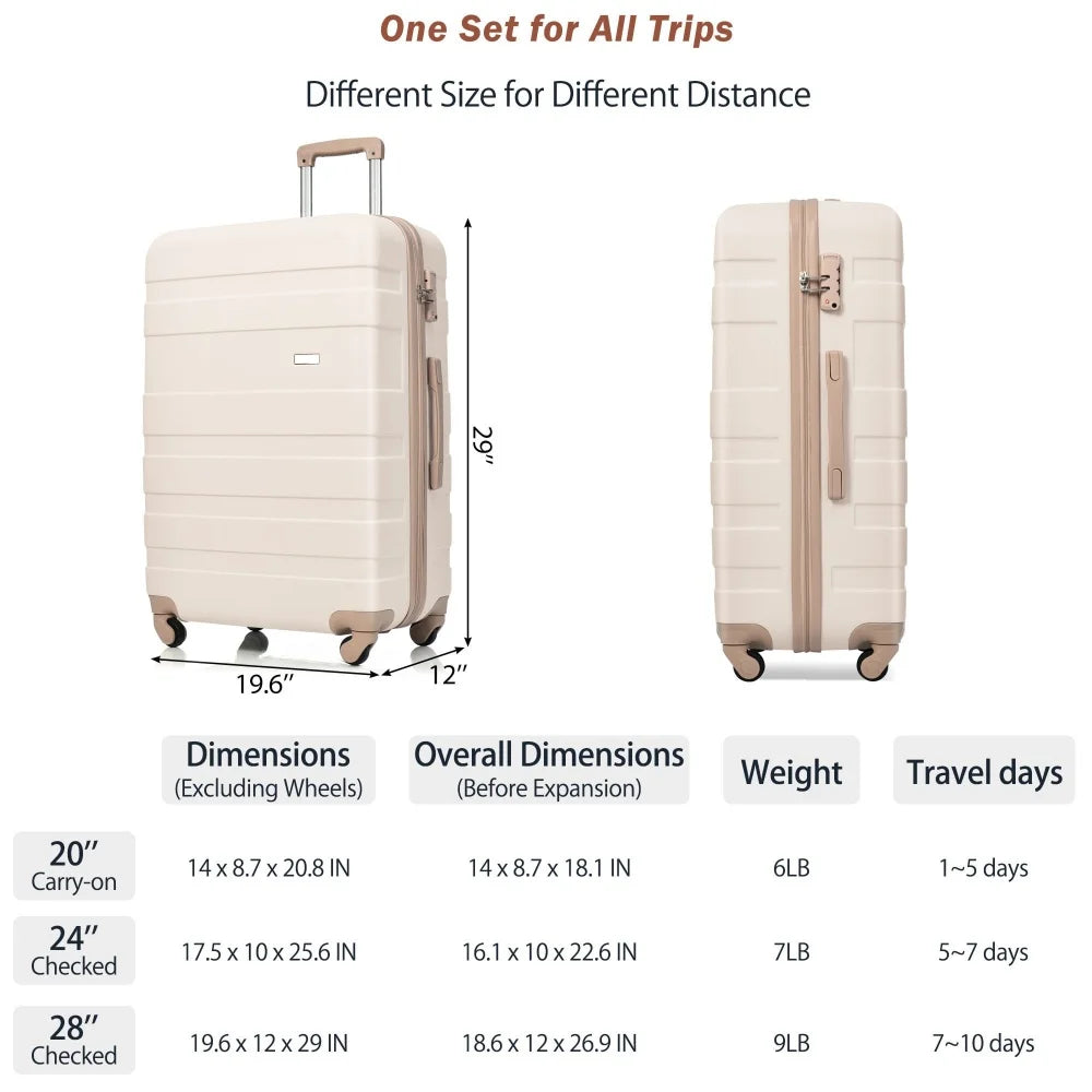 Luggage Sets 4 Piece, ABS Durable Suitcase with Travel Bag, Carry On Luggage Suitcase Set with 360° Spinner Wheels
