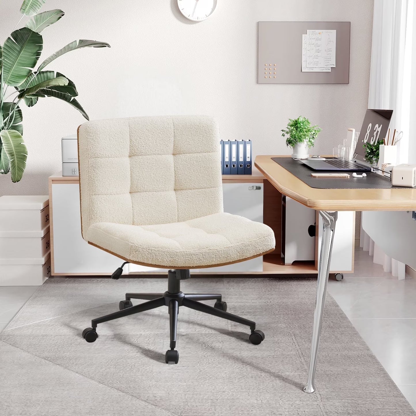 Modern Walnut Office Chair, Wide Seat Swivel Task Chair, Armless Ergonomic Chair with Wheels for Home Office, Bedroom, Ivory White