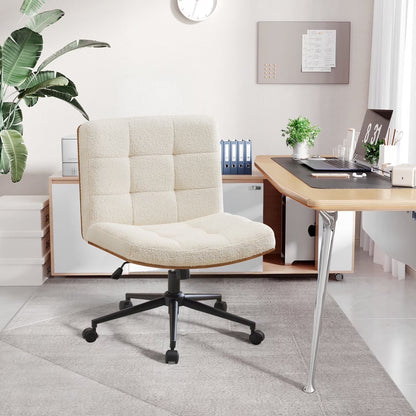 Modern Walnut Office Chair, Wide Seat Swivel Task Chair, Armless Ergonomic Chair with Wheels for Home Office, Bedroom, Ivory White