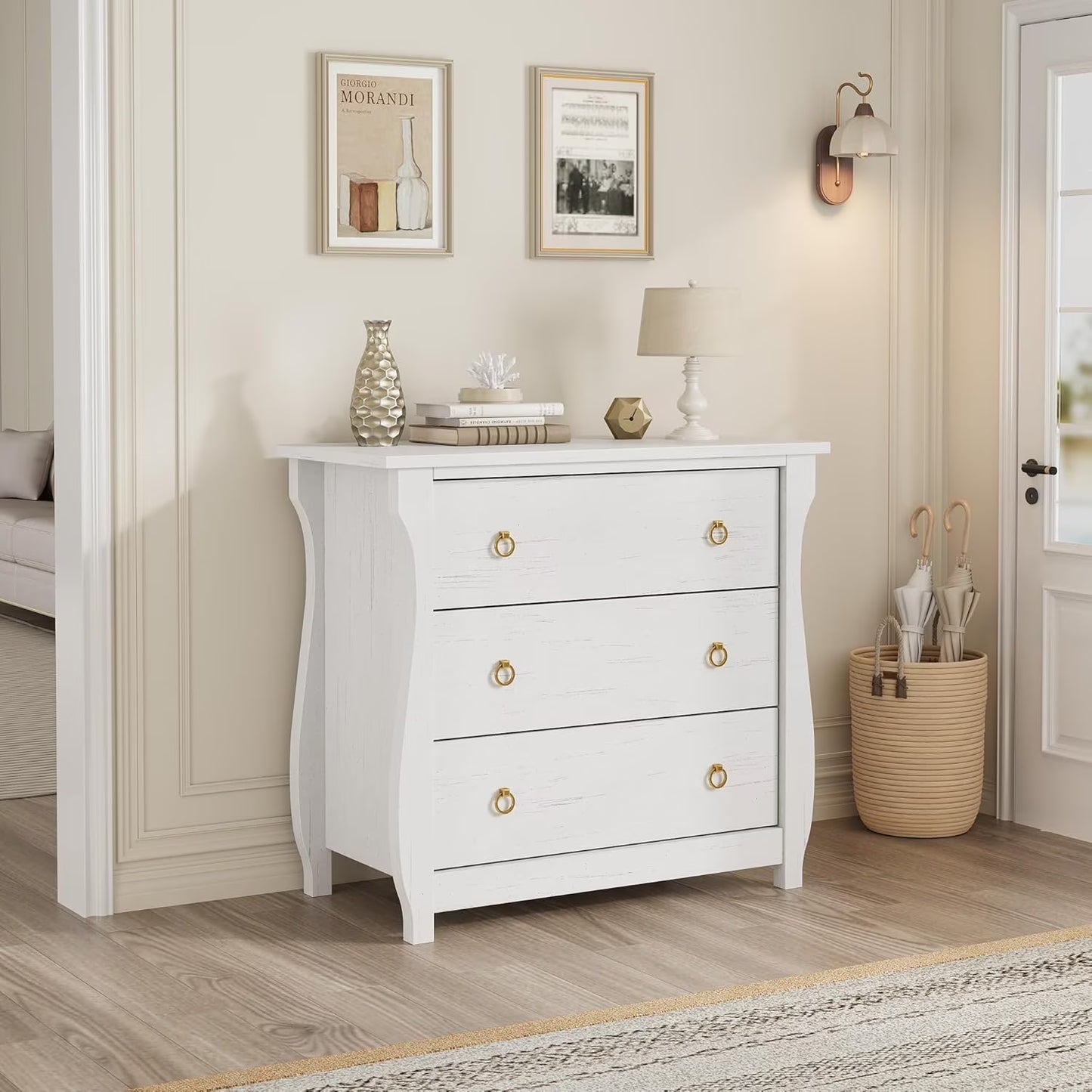 M optimized Wood 3-Drawer Dresser, Boho Dresser with Curved Legs, Rattan Accents, and Freestanding Storage for Living Room, Bedroom, Entryway, or Balcony