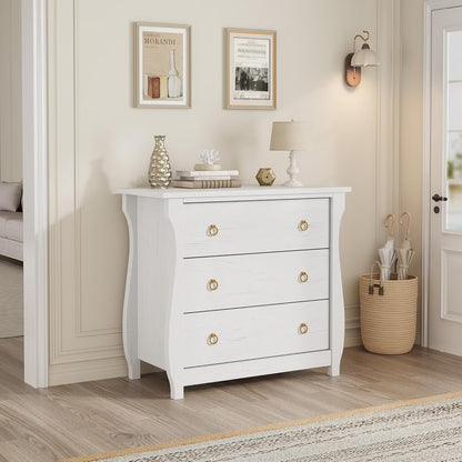 M optimized Wood 3-Drawer Dresser, Boho Dresser with Curved Legs, Rattan Accents, and Freestanding Storage for Living Room, Bedroom, Entryway, or Balcony