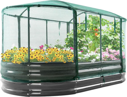 Quictent 6x3x1 ft Galvanized Raised Garden Bed Kit with Self Watering System and Mesh Cover, Large Oval Metal Outdoor Planter Garden Boxes for Vegetables Herbs Flowers