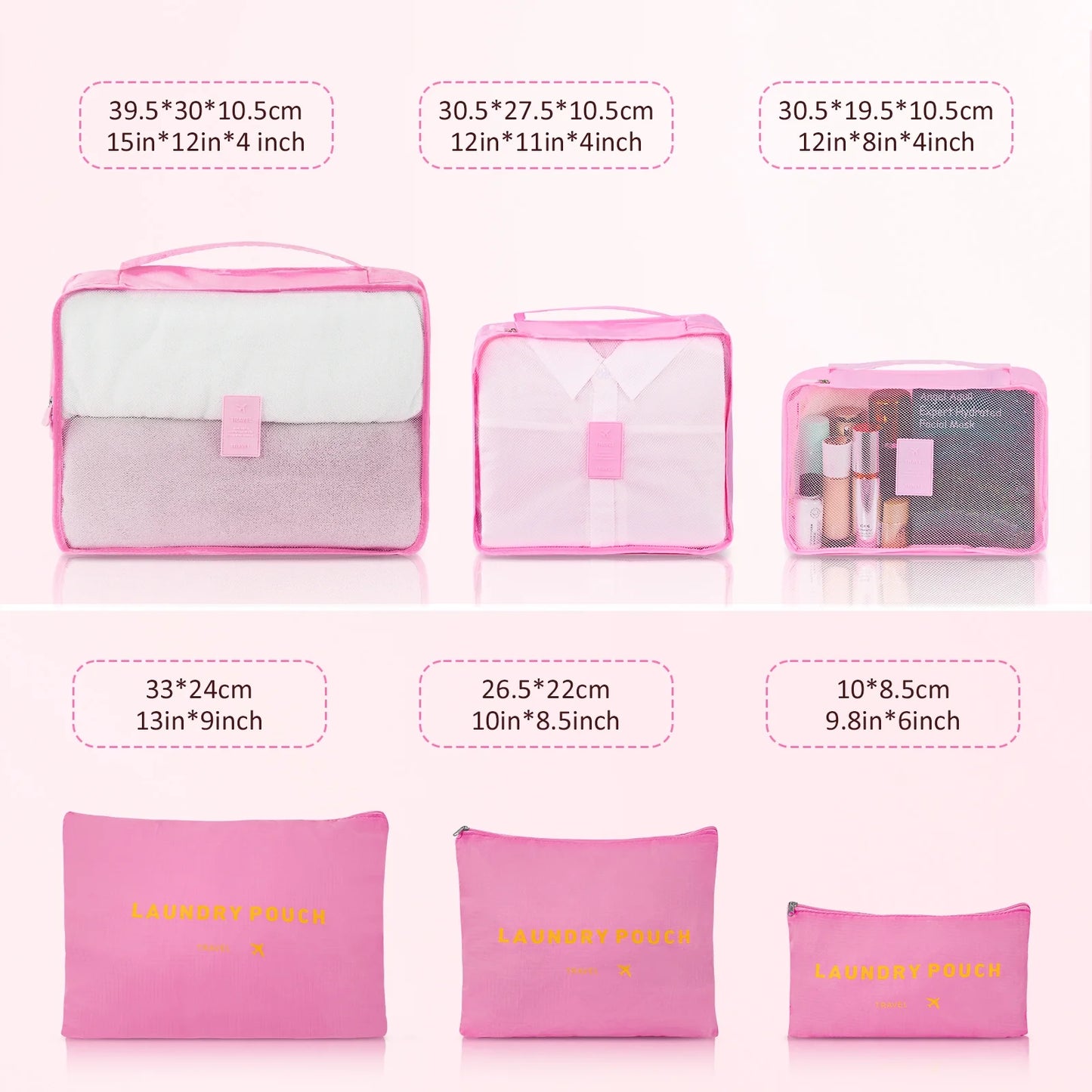 3 Piece Luggage Sets with 6 PC Organize Bags Lightweight Suitcases with Spinner Wheels, Pink