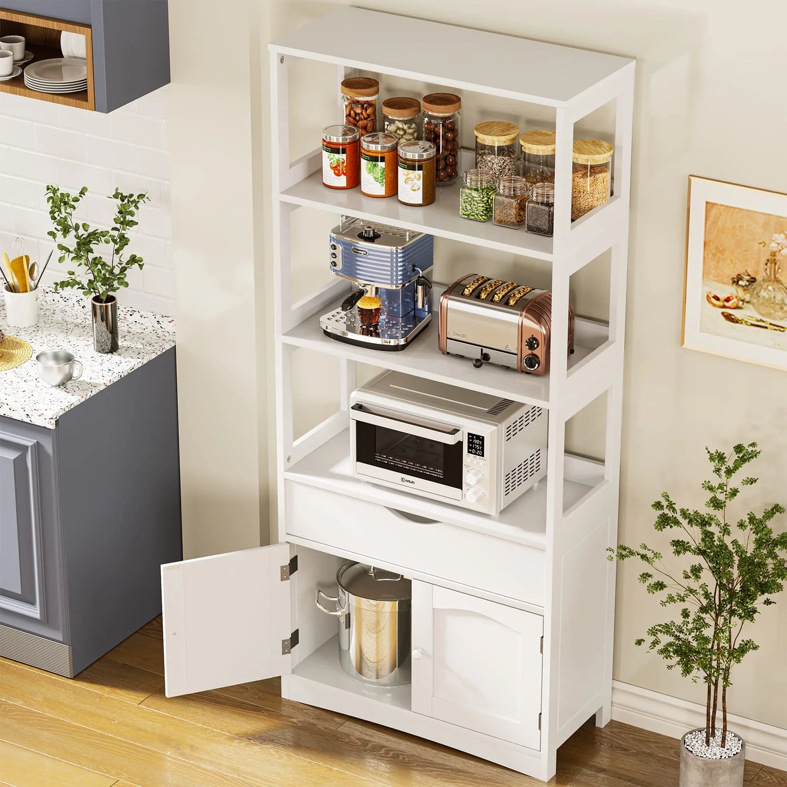 Kitchen Sideboard Pantry Cabinet Tall Freestanding Storage Cabinets with Shelves and Drawer for Bathroom Home Office, White