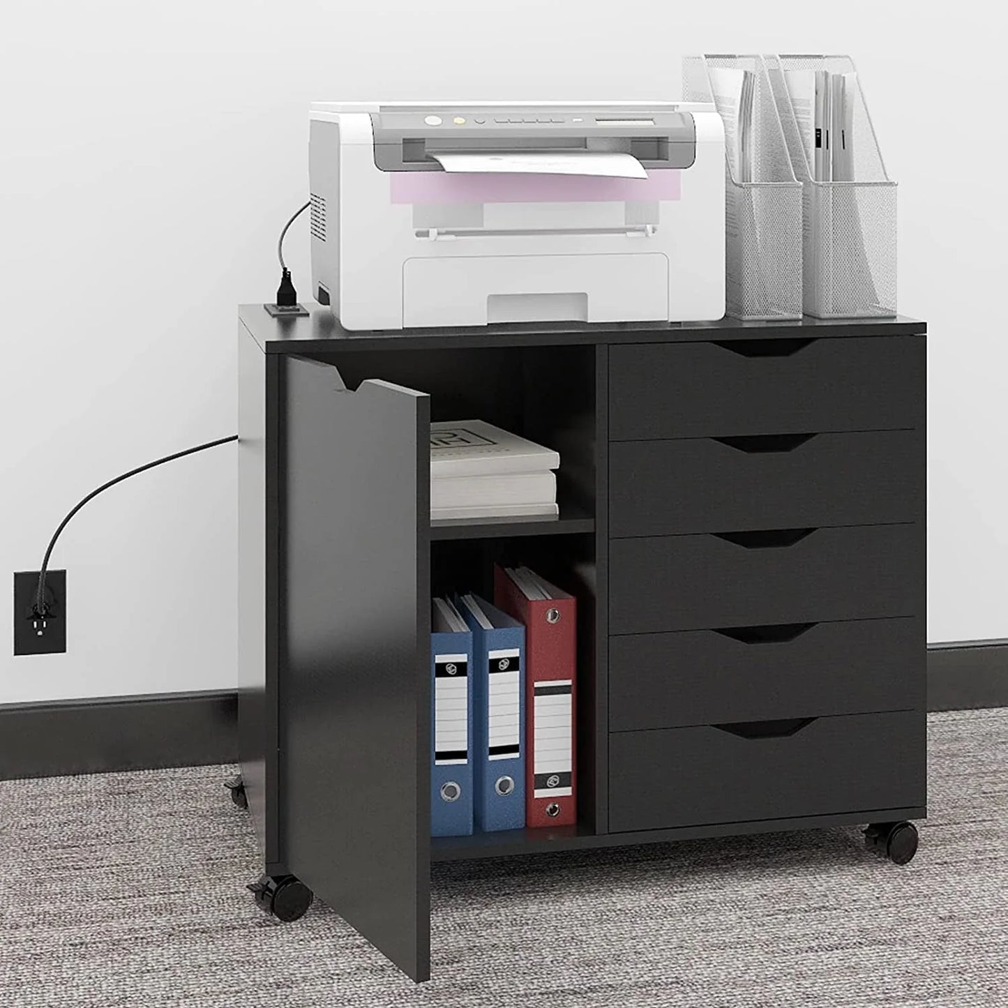 Natwind 5-Drawer Mobilable Wood Printer Stand with Charging Station,Cart File Storage Cabinets with Socket and Door Home Office Lateral Filing Cabinet(white)