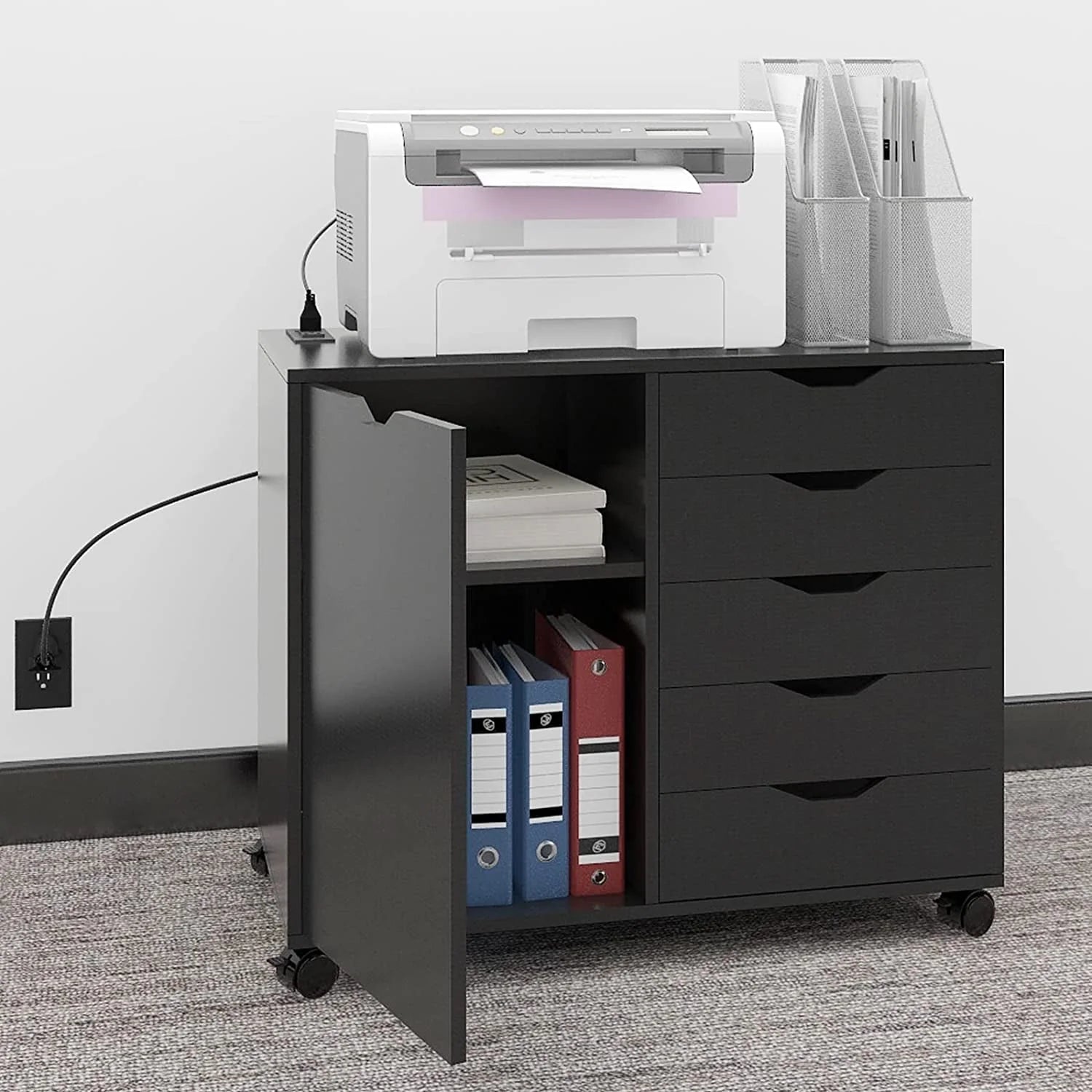 Natwind 5-Drawer Mobilable Wood Printer Stand with Charging Station,Cart File Storage Cabinets with Socket and Door Home Office Lateral Filing Cabinet(white)