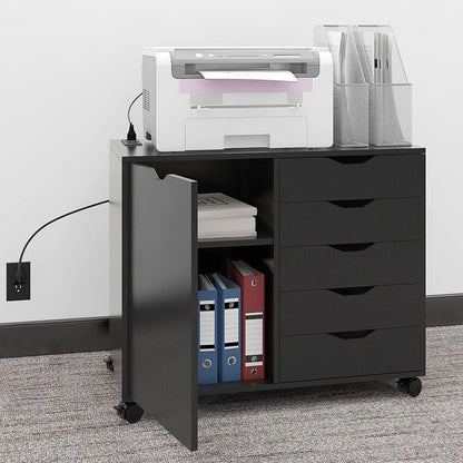 Natwind 5-Drawer Mobilable Wood Printer Stand with Charging Station,Cart File Storage Cabinets with Socket and Door Home Office Lateral Filing Cabinet(white)