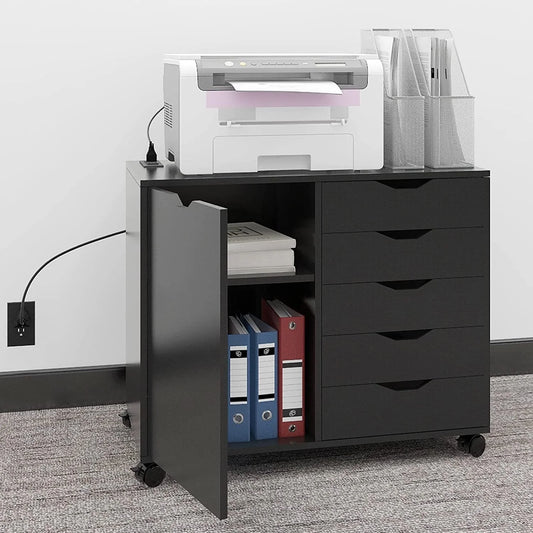 Natwind 5-Drawer Mobilable Wood Printer Stand with Charging Station,Cart File Storage Cabinets with Socket and Door Home Office Lateral Filing Cabinet(white)