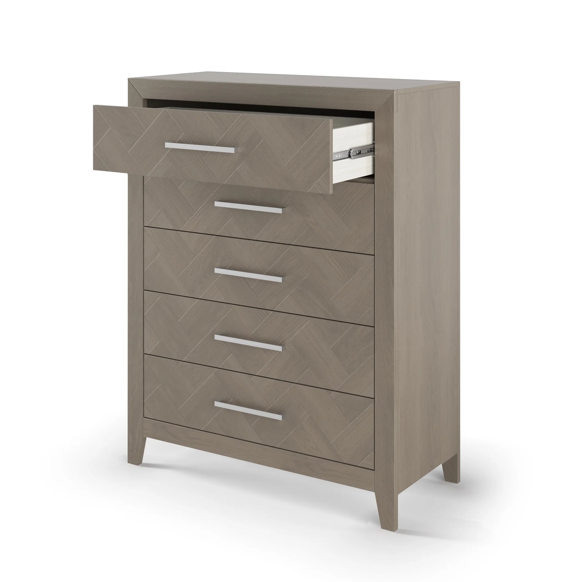 Child Craft Kieran 39" Interlocking 5-Drawer Chest for Nursery or Bedroom, Anti-Tip Kit, Herringbone Design, Crescent Gray