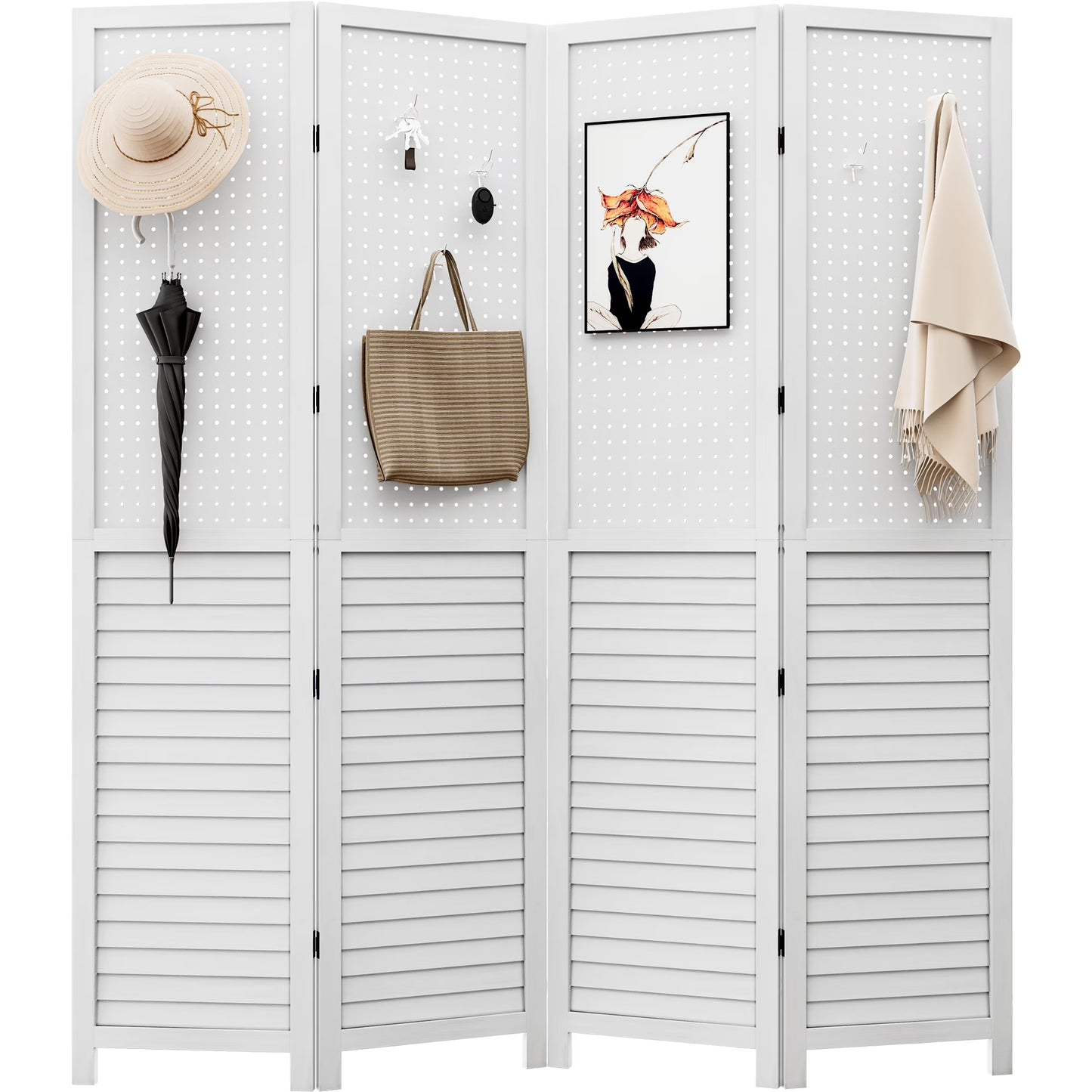 Dextrus Room Divider, 4 Panel Folding Privacy Screens with Pegboard Display, Freestanding Portable Privacy Screen Room Partition for Jewelry, Craft Show, Retail, Living Room, Bedroom