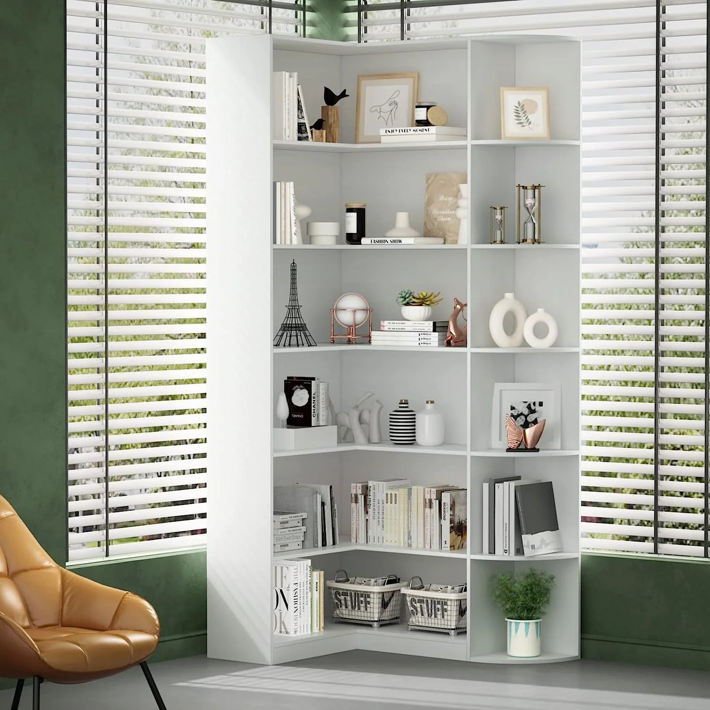 Loomie Bookshelves, 6 Tiers Shelf Large Tall Corner Etagere Bookcase with Full Baffle, L-Shaped Modern Storage Display Industrial Book Shelf for Bedroom, Home Office, Living Room & Kitchen