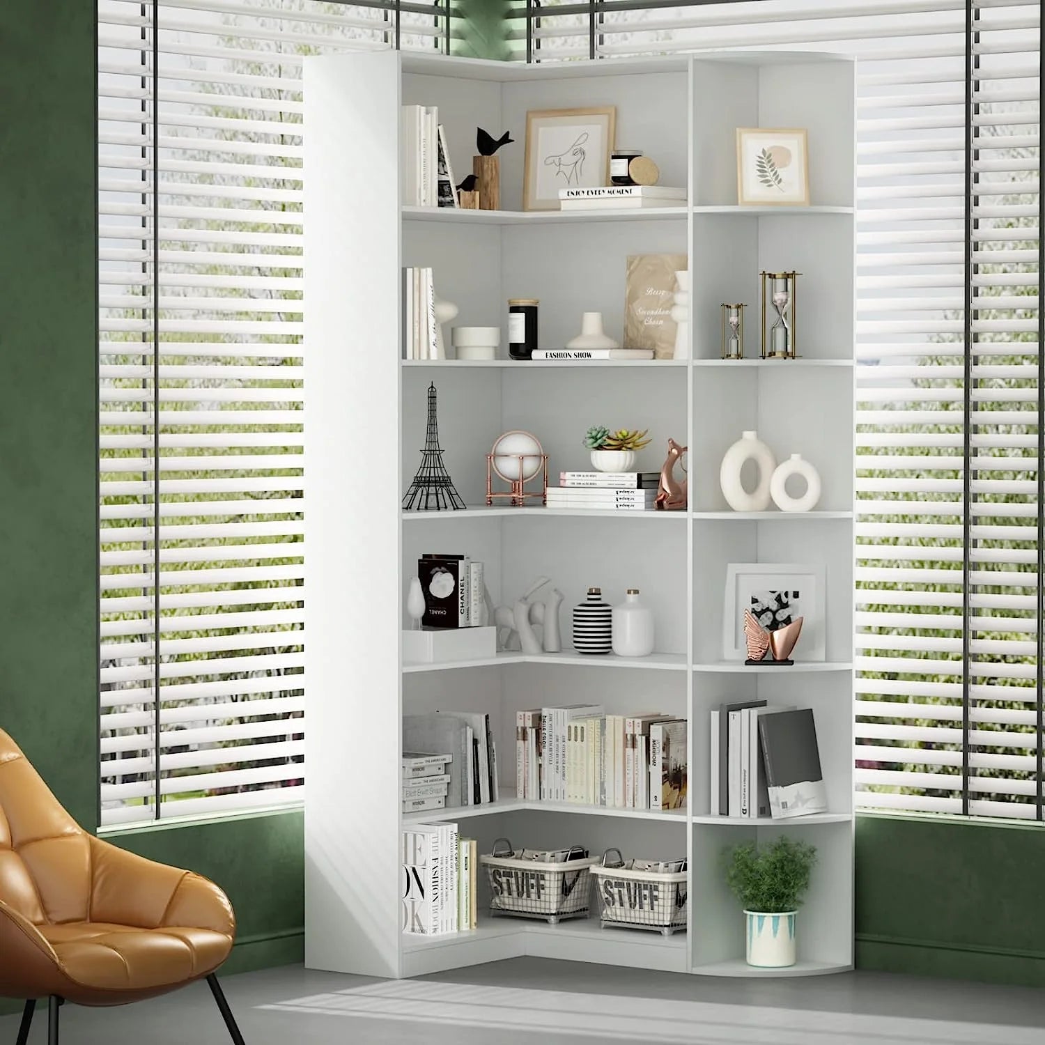 Loomie Bookshelves, 6 Tiers Shelf Large Tall Corner Etagere Bookcase with Full Baffle, L-Shaped Modern Storage Display Industrial Book Shelf for Bedroom, Home Office, Living Room & Kitchen