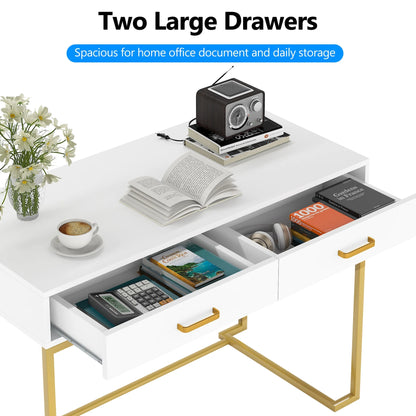 Tribesigns Modern 40" Makeup Dresser or Home Office Computer Laptop Writing Desk with Two Storage Drawers, White Top and Gold Metal Frame