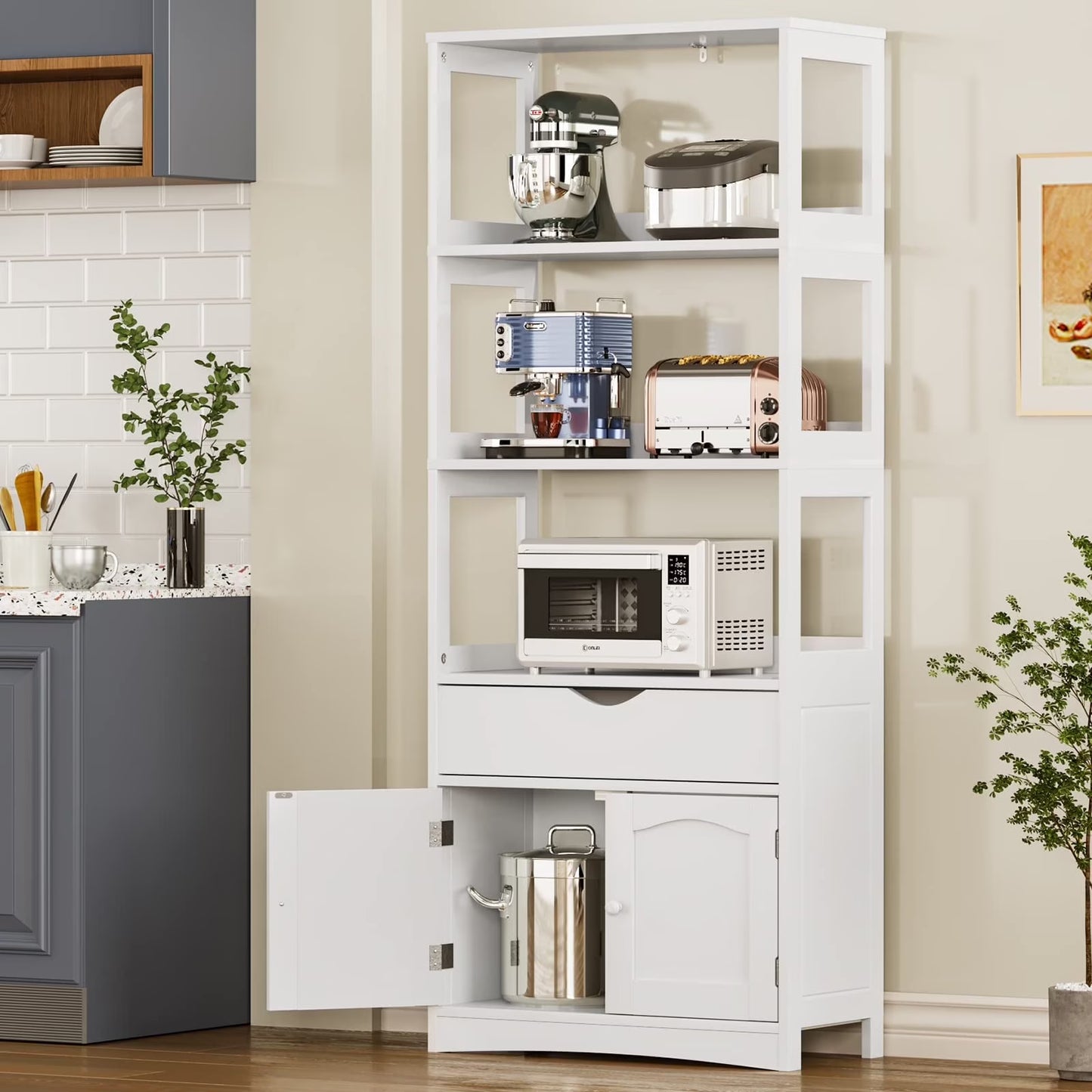 Kitchen Sideboard Pantry Cabinet Tall Freestanding Storage Cabinets with Shelves and Drawer for Bathroom Home Office, White