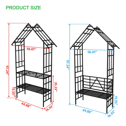 Yoneston 97.24"H Metal Garden Arch with Bench, Turned into Flower Stand for Climbing Plants, Support Rose Arch Outdoor, Black